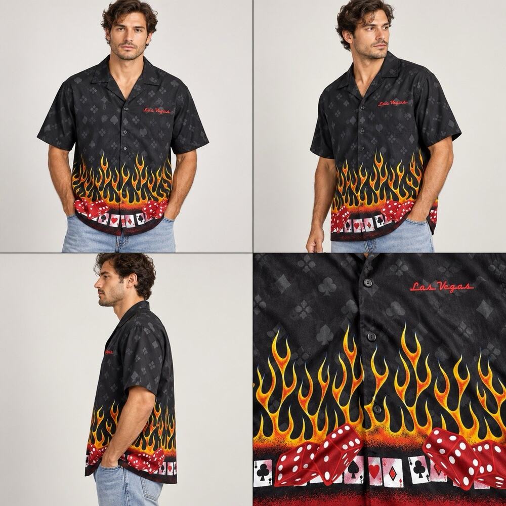 XNT Las Vegas Shirt Mens 2XL Black Flames Dice Cards Casino Button Up Y2K